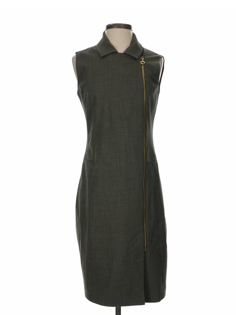 Calvin Klein Olive Green Sleeveless Sheath Dress with Gold Zip